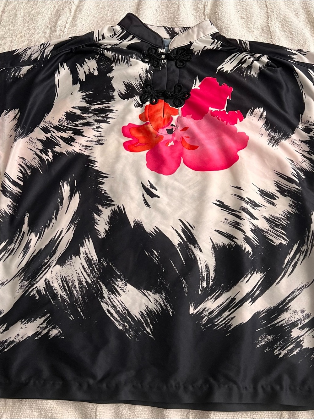 Silky Black & White Brushstroke Top with Pink Floral Accent
